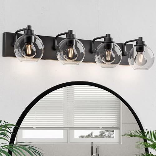 Bathroom Light Fixtures-Matte Black Vanity Lights for Bathroom, Modern Black Vanity Lights 4-Light Bathrooms Lighting Fixtures Over Mirror with Clear Glass Shade - color: ‎Matte Black, size: 4-Light