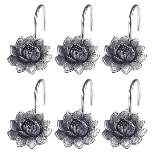 Twofish Home Black Flower Shower Curtain Hooks Anti Rust Shower Curtain Hooks Decorative Resin Black Flower Shower Curtain Rings Set of 12 - color: Black Flower