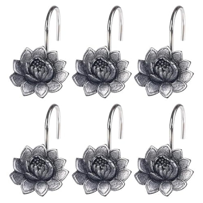 Twofish Home Black Flower Shower Curtain Hooks Anti Rust Shower Curtain Hooks Decorative Resin Black Flower Shower Curtain Rings Set of 12 - color: Black Flower