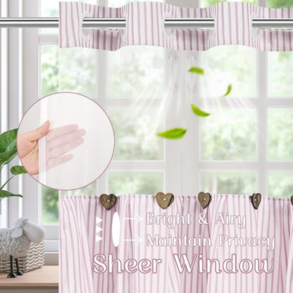 ASPMIZ Farmhouse Striped Shower Curtain and Liner Set No Hook, Pink 71x74 | No Hook Shower Curtain with Snap in Liner Fabric, Rustic Washable Waterproof Bathroom Curtains with Button, Mesh Top Window - color: Pink Striped, size: 71"W x 74"L (Pack of 1), s
