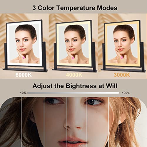 Beelux Vanity Mirror with Lights,15.3" Makeup Mirror with Light Smart Touch Control Dimmable 3 Modes Lighted LED Mirror 360°Rotation Black for Christmas Birthday Thanksgiving Mother's Day - size: 15.3"L x 12.6"W