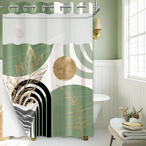 Sage Green Hookless Shower Curtain with Snap in Liner, Boho Mid Century Black and Light Green No Hook Double Layer Shower Curtains and Liner Set, Waterproof Cloth Fabric，60" W X 74" L - color: Green, size: 60"W x 74"L (Pack of 1)