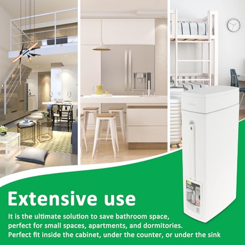 Bathroom Trash Can and Toilet Brush Set, Narrow Slim Can With Pop-up Lid, Modern White Mini Rectangular Bin for Limited Small Space