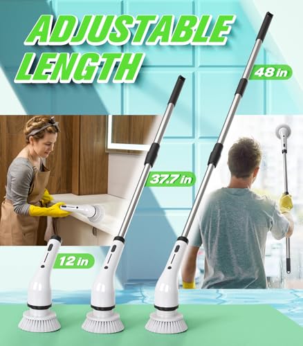 Electric Spin Scrubber, 3-Speed Flat End Brush with 8 Brush Heads & Base, Adjustable Long Handle, Digital Display, 2500mAh Fast Charging, for Bathroom, Tub, Tile, Floor（White - color: White