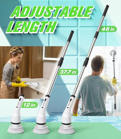 Electric Spin Scrubber, 3-Speed Flat End Brush with 8 Brush Heads & Base, Adjustable Long Handle, Digital Display, 2500mAh Fast Charging, for Bathroom, Tub, Tile, Floor（White - color: White