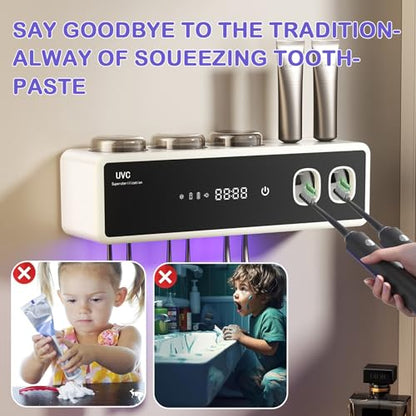 Electric Toothbrush Holder Wall Mount, Bathroom Toothbrush Organizer,White | POPZJXDM Toothbrush Holder - 6 Brush/3 Cup,Automatic Toothpaste Dispenser & Hot Dry,Smart Cleaning,Bathroom Storage Upgrade - color: White