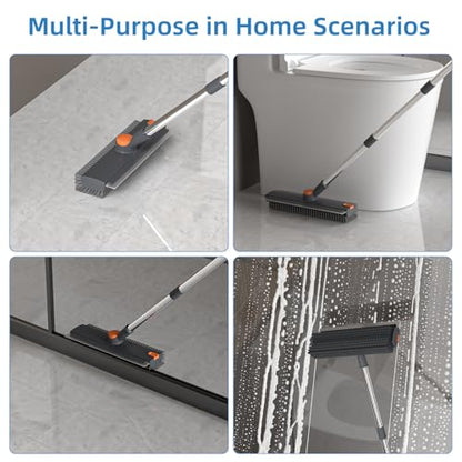Floor Scrub Brush with Long Handle, 3 in 1 Scrape and Heavy-Duty Stiff Bristle Floor Scrubber Brush Broom with Squeegee and Tweezer for Cleaning Grey - color: Gray
