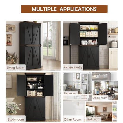 Hlivelood 71" Tall Kitchen Pantry,Farmhouse Storage Cabinet with Adjustable Shelves,Load-Bearing Steel Pipe,Farmhouse Pantry Cabinet with 4 Barn Doors,for Kitchen,Dining Room,Living Room(Black) - color: Black