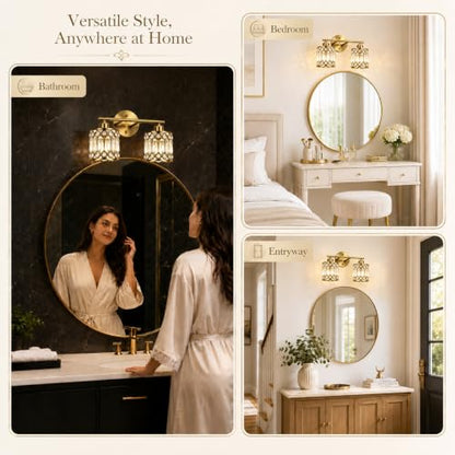 Lxybcce 2-Light Bathroom Vanity Light, 14 in Modern Crystal Bathroom Lighting Fixtures Over Mirror, E26 Hardwired Bathroom Wall Sconce, Brushed Antique Brass - color: Gold, size: 14in
