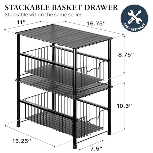 Simple Houseware Wired Stackable Under Sink Cabinet Sliding Basket, Black | Free Standing Organizer Drawer, Kitchen/Pantry/Cabinet/Counter - color: Black