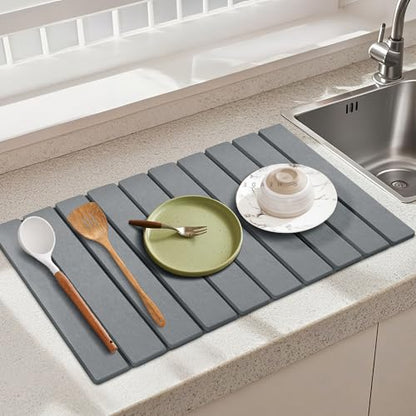 Large Stone Dish Drying Mat for Kitchen Counter, 24''x16'' Quick Dry Stone Dishes Mat, Foldable & Absorbent Diatomaceous Earth Dish Dryer Pad (Grey)