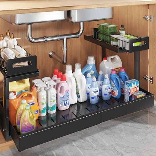 1 Pack-19"-32"W Expandable Under Sink Organizer With Upgrade Ball-Bearing Slide,2-Tier Pull Out Under Cabinet Organizer Height Adjustable,Not Suitable For Cabinets With Partitions In The Middle - color: Black, size: 1 Pack-19"-32"W