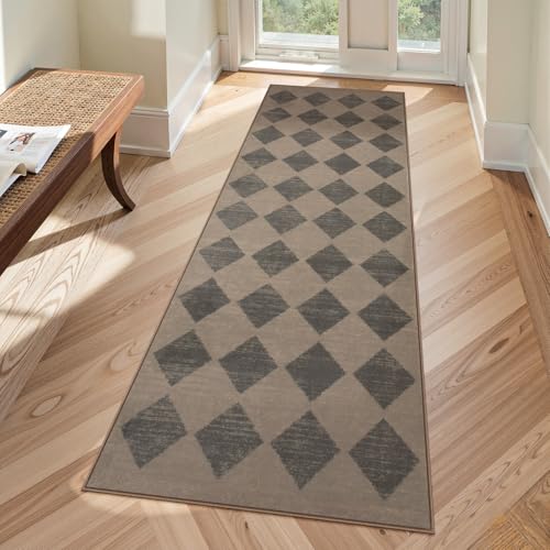 Lahome Zelie Checkered Washable 2x6 Brown Runners for Hallways Non Slip, Ultra-Thin Kitchen Bathroom Runner Rugs, Moroccan Trellis Throw Carpet Runner for Bedroom Entryway Decor (2'x6',Brown) - color: Brown, size: 2' x 6' (Runner)