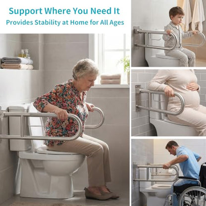 24'' Flip-Up Toliet Grab Bar with Paper Holder, Anti-Slip Knurled Grip | Stainless Steel U-shaped Wall Mounted Toilet Safety Rail, Designed for Seniors, Disabled & Post-surgery Bathroom Assistance - size: 24 Inch