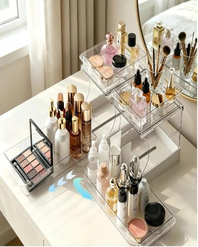 2 Pack Pull-Out Makeup Organizer 2 Tier Under-Sink Rack | Acrylic Countertop Organizer & 180° Swivel Drawer, Waterproof Sliding Storage for Bathroom Vanity, Kitchen Cabinet, Pantry