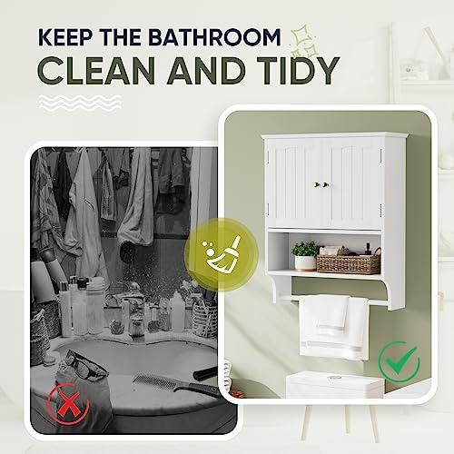 Smuxee White Bathroom Cabinet Wall Mounted with Towels Bar, Bathroom Medicine Cabinet with 2 Door Adjustable Shelves, Over Toilet Cabinet for Bathroom Laundry Room Kitchen - color: White Big With Towels Bar