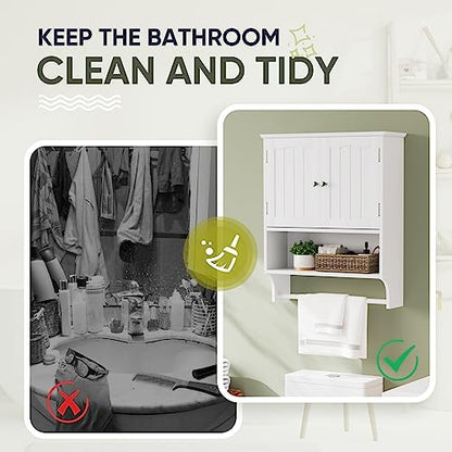 Smuxee White Bathroom Cabinet Wall Mounted with Towels Bar, Bathroom Medicine Cabinet with 2 Door Adjustable Shelves, Over Toilet Cabinet for Bathroom Laundry Room Kitchen - color: White Big With Towels Bar
