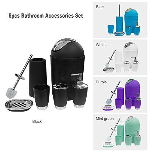 Bathroom Accessories Set, 6-Piece Plastic Gift Set, Toothbrush Holder, Toothbrush Cup, Soap Dispenser, Soap Dish, Toilet Brush Holder, Trash Can (Black) - color: Black