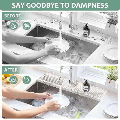 24 Inch Upgraded Draining Mat Folding faucet Mat for Bathroom Sink Splash Guard 7° Slope with Button Lock Water Draining Pad for Kitchen Bathroom Bar(Beige) - color: Beige