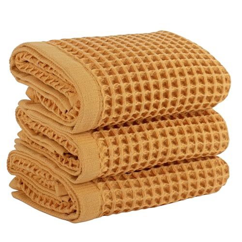 PÜSKÜL Natural 100% Turkish Cotton Waffle Kitchen and Hand Towels, 3-Piece | Mustard Yellow 32x16" Large Premium 3D Honeycomb Weave Soft Absorbent Quick-Dry Lint-Free Dish Towel, Oeko-Tex Made in Turkey - color: Mustrad Yellow, size: Kitchen & Hand Towels