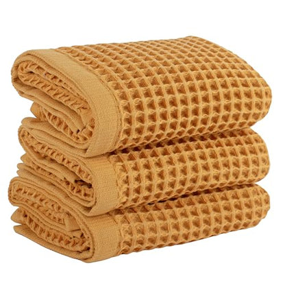PÜSKÜL Natural 100% Turkish Cotton Waffle Kitchen and Hand Towels, 3-Piece | Mustard Yellow 32x16" Large Premium 3D Honeycomb Weave Soft Absorbent Quick-Dry Lint-Free Dish Towel, Oeko-Tex Made in Turkey - color: Mustrad Yellow, size: Kitchen & Hand Towels