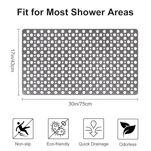 Bathtub Mat Non Slip: 30x17 inch Soft TPE Shower Mat with Suction Cups and Drain Holes, Efficient Drainage Anti Slip Shower Mats for Inside Shower, Easy to Dry&Cut, Machine Washable - color: Grey, size: 30" x 17" (Rectangular)