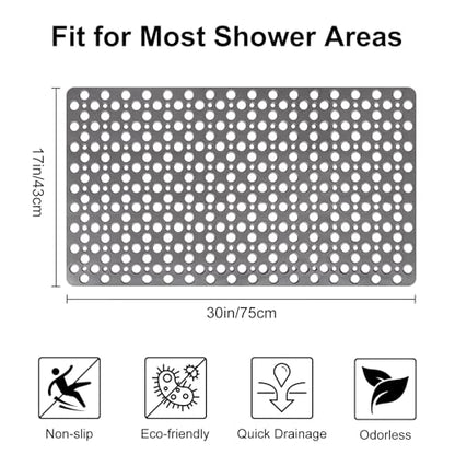 Bathtub Mat Non Slip: 30x17 inch Soft TPE Shower Mat with Suction Cups and Drain Holes, Efficient Drainage Anti Slip Shower Mats for Inside Shower, Easy to Dry&Cut, Machine Washable - color: Grey, size: 30" x 17" (Rectangular)