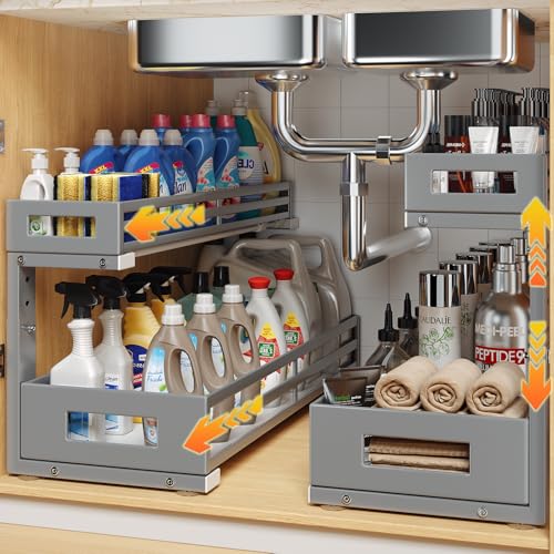 2-Pack 20.47"Deep Under Sink Organizer And Storage,2-Tier L-Shaped Pull Out Cabinet Organizer with Upgraded Slide Rails,Height Adjustable Drawers for Kitchen&Bathroom,Extra-Large Storage Shelves–Gray - color: Gray, size: 2 Pack-20.47"Dx11.4"-16.34"H