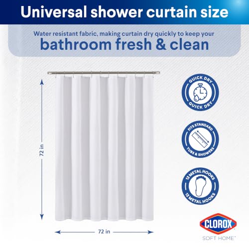 Clorox 2-in-1 Bathroom Shower Curtain Liner w Metal Hooks, Durable Fabric, Weighted Magnets for Bath Water Control, Washable Premium Quality, Modern - 72" x 72" White - color: White - Standard