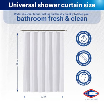 Clorox 2-in-1 Bathroom Shower Curtain Liner w Metal Hooks, Durable Fabric, Weighted Magnets for Bath Water Control, Washable Premium Quality, Modern - 72" x 72" White - color: White - Standard