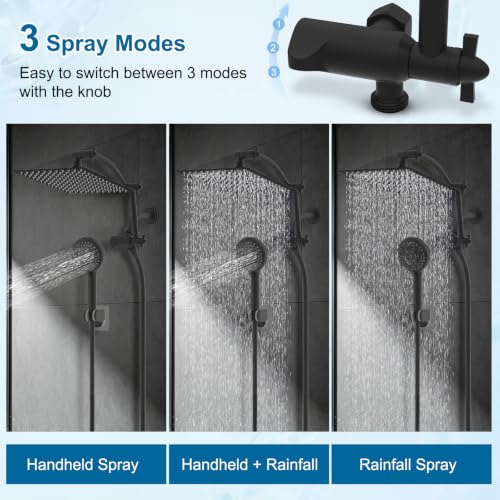 Hibbent All Metal 12" High Pressure Rain Shower Head Combo, Matte Black | cUPC Certified Rainfall Shower Head with handheld 10 Sprays, 16'' Adjustable Extension Arm, 71'' Hose, Showerhead Holder - color: Matte Black, style: Square 12''
