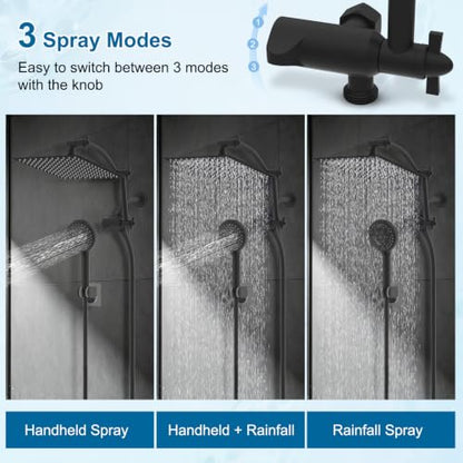 Hibbent All Metal 12" High Pressure Rain Shower Head Combo, Matte Black | cUPC Certified Rainfall Shower Head with handheld 10 Sprays, 16'' Adjustable Extension Arm, 71'' Hose, Showerhead Holder - color: Matte Black, style: Square 12''