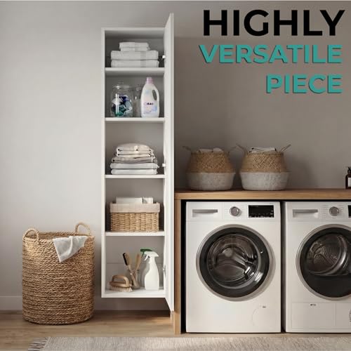 Tuhome Tall Wall Cabinet, 43.3" High Slim One Door Storage with Adjustable Shelves, White Wall Mounted Bathroom Wall Cabinet & Kitchen Wall Cabinet for Toiletries, Towels, Spices