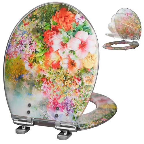 Angol Shiold ROUND Resin Soft Close Toilet Seat Flowers 16.5" | Quick Release Heavy Duty Decorative Acrylic Seats Easy to Install & Clean (Abstract Floral Art Print) - color: Colorful Flower