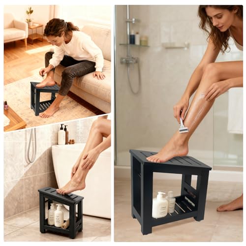 Bamboo Shower Foot Rest Stool for Shaving Legs & Pedicure, Non-Slip Bathroom Foot Step with Storage Pocket, Solid & Water-Resistant,Natural (Black) - color: Black