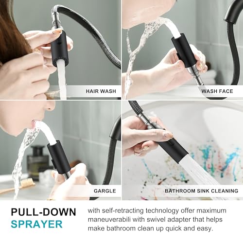 Matte Black Centerset Pull Out Bathroom Faucet 4 Inch 2 Handle 3 Hole | Pull Down Bathroom Faucet with Pop Up Drain & Supply Lines, Lead-Free cUPC & NSF Certified, 3 Hole Faucet for Vanity RV Bar - color: Matte Black