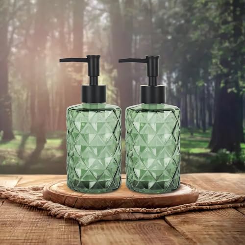 Clear Green Glass Soap Dispenser with Pump, 12oz Diamond Design Hand Soap Dispenser, Refillable Lotion Dispenser & Dish for Dishwashing Liquid, Shower Gel - color: Diamond Green