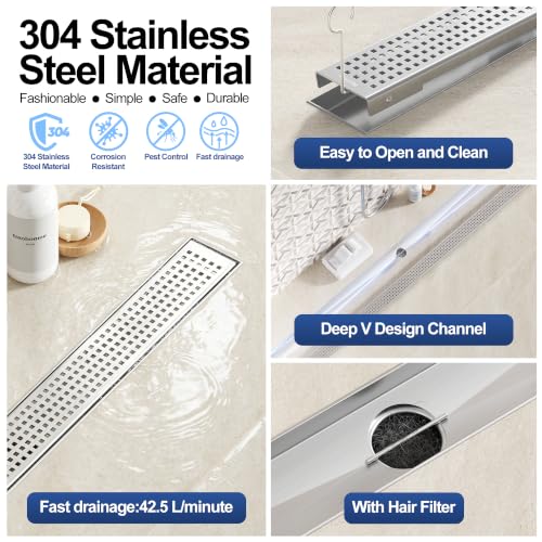 Neodrain 60" Linear Shower Drain, Brushed 304 SS Bathroom Linear Drain,cUPC | Brushed Nickel Shower Drain with Quadrato Grate& Adjustable Feet, Long Rectangle Shower Floor Drain in Bathroom, Balcony etc - color: Brushed Nickel, size: 60 In