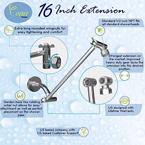 16-Inch Extra Long Shower Extension Arm. Solid Brass. Height/Angle Adjustable With a Unique Locking Gear for a Perfect Position Every time. Holds All Showerhead Sizes. - color: Brushed Nickel