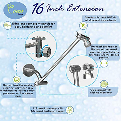 16-Inch Extra Long Shower Extension Arm. Solid Brass. Height/Angle Adjustable With a Unique Locking Gear for a Perfect Position Every time. Holds All Showerhead Sizes. - color: Chrome