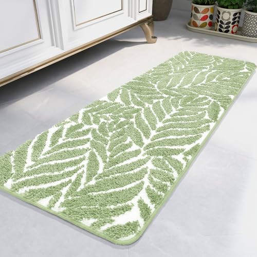 Sage Green Bathroom Rug Runner - Long Bath Mat for Bathroom Non Slip Bath Runner Decor Water Absorbent Long Rug for Sink Bathtub Leaf Bath Mat 18" x 47" - color: Sage Green, size: 1'6" x 4' (Rectangular)