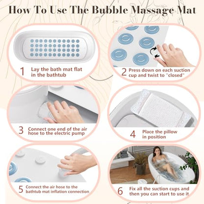 Upgraded Heated Bubble Bath Mat - Warm Air Bubble Massage Mat for Bathtub, Quiet Motor System with Remote Control, Portable Kit for Luxury Home Spa Experience