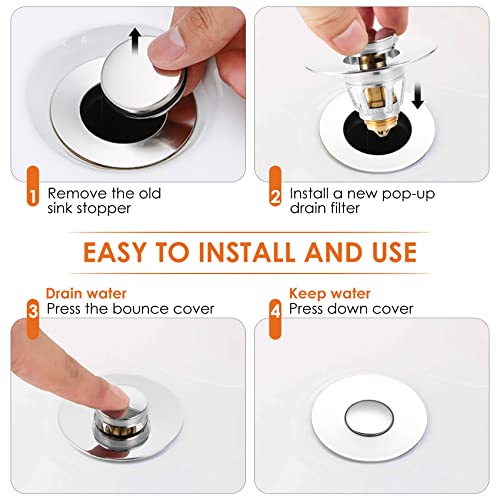 Universal Bathroom Sink Stopper, Basin Pop-up Bathroom Sink Drain Strainer, Bathroom Drain Stopper with Stainless Steel Hair Catcher for 1.1-1.5 Inch Drain(1 PCS, Silver) - color: Chrome Silver