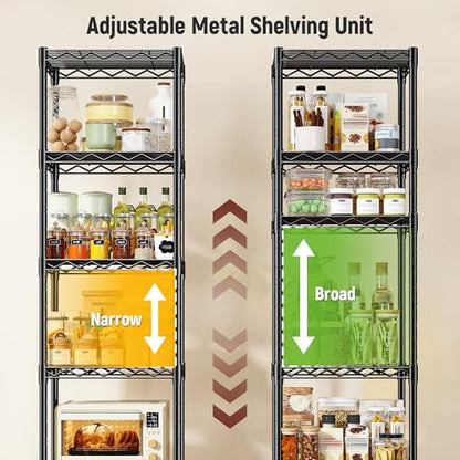 DurayLoly 63.8" H 6-Tier Narrow Storage Shelves, 265lbs, Adjustable, Pantry | Slim 15.8"Wx11.8"D, Leveling feet+anti-tip, Rustproof, 15-min tool-free assembly, For kitchen, bath, laundry, pantry, closet - size: 15.8"W x 11.8"D x 63.8"H