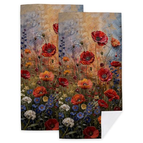 Red Poppy Floral Hand Towels for Kitchen Bathroom 2 Pack Bath Towels 14.4"x28.3" Soft Absorbent Kitchen Towel for Home Kitchen Bathroom Decor - color: Red Poppy Floral