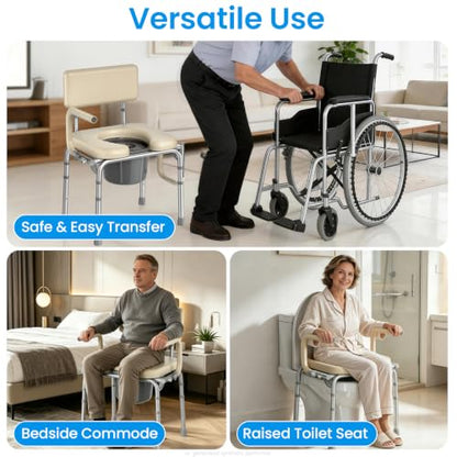 HOMLAND Drop Arm Bedside Commode Toilet with Padded Seat & Backrest, 300LB | Adjustable Height, Easy Side Transfer, Portable Toilet for Seniors and Adults, 6.3QT Bucket, Tool-free Assembly Potty Chair