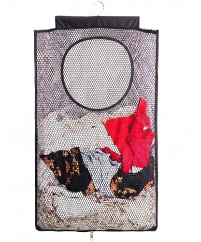 ALYER Breathable Mesh Laundry Hamper,Foldable Hanging Closet Storage Basket,Portable Space Saving Dirty Clothes Bag (Black) - color: Black