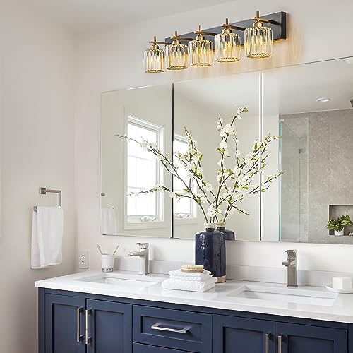Modern Crystal Bathroom Vanity Lights, Black Gold 5-Lights Bathroom Light Fixtures Over Mirror, Crystal Wall Lighting with Polished Gold Finish(Exclude Bulb) - color: Black Gold-Round Shade, size: 5-Light
