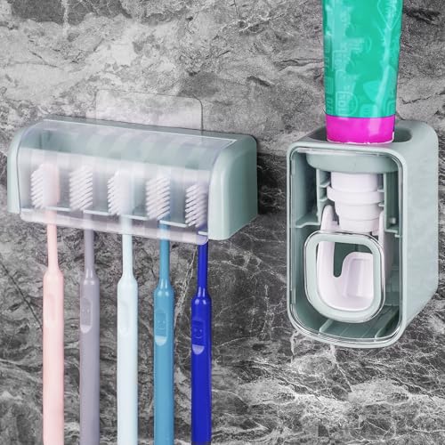 5 Slots Wall Mount Toothbrush Holder with Cover, Self Adhesive Toothbrush Storage Organizer for Shower, Toothbrush Hanger with Automatic Toothpaste Squeezer Dispenser (Blue) - color: Blue Combination