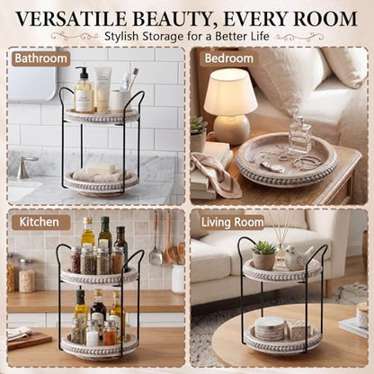 Qunclay 360 Rotating 2 Tier Wooden Tray Organizer Rustic Farmhouse Vanity Storage Large Capacity Round Organizer with Iron Frame for Cosmetics Perfume Skincare Kitchen Counter Bathroom Coffee Station